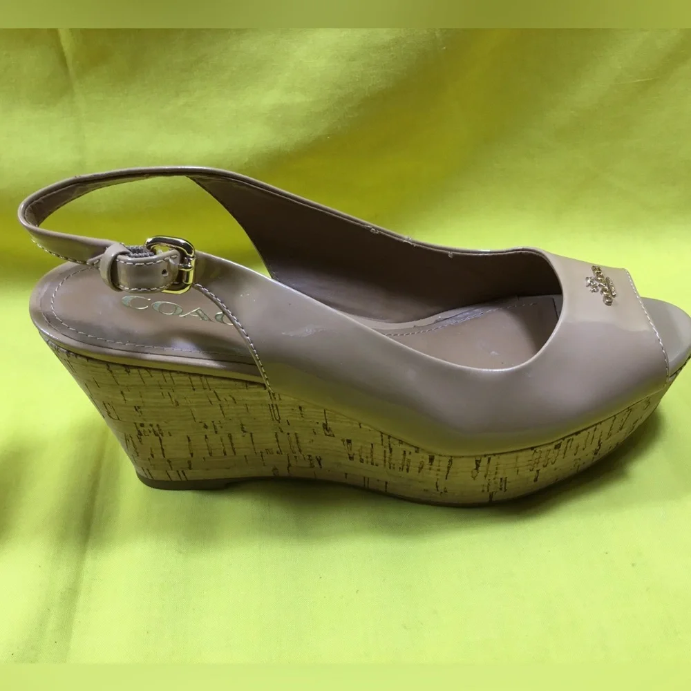 Coach Nude Patent Peep-Toe Wedge Slingbacks